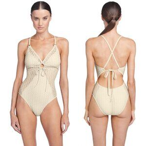 Robin Piccone Marlow One Piece SWIMSUIT Size 12 Ecru Beige Crochet NEW $179